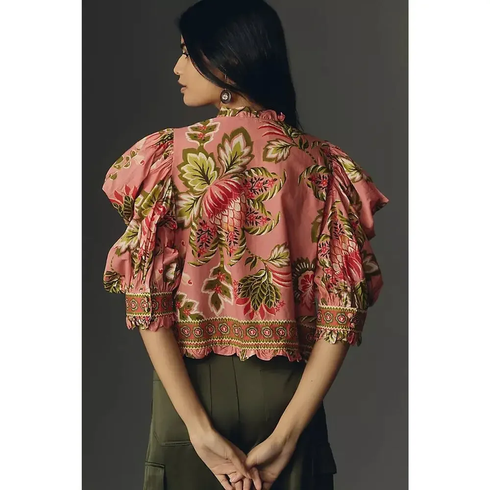 FARM Rio Aura Floral Short-Sleeve High Neck Blouse Top Soft Pink Women's Medium